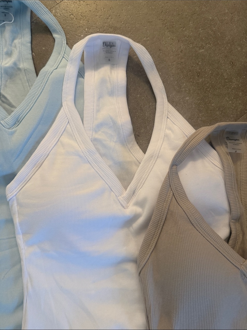 Set of 3 Ribbed V-Neck Racerback Tank - White, Light Blue, Taupe Sz Sm - Picture 3 of 8